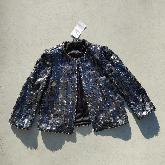 NWT Zara Tweed Black Sequined Open Jacket Blazer. M - Picture 4 of 12